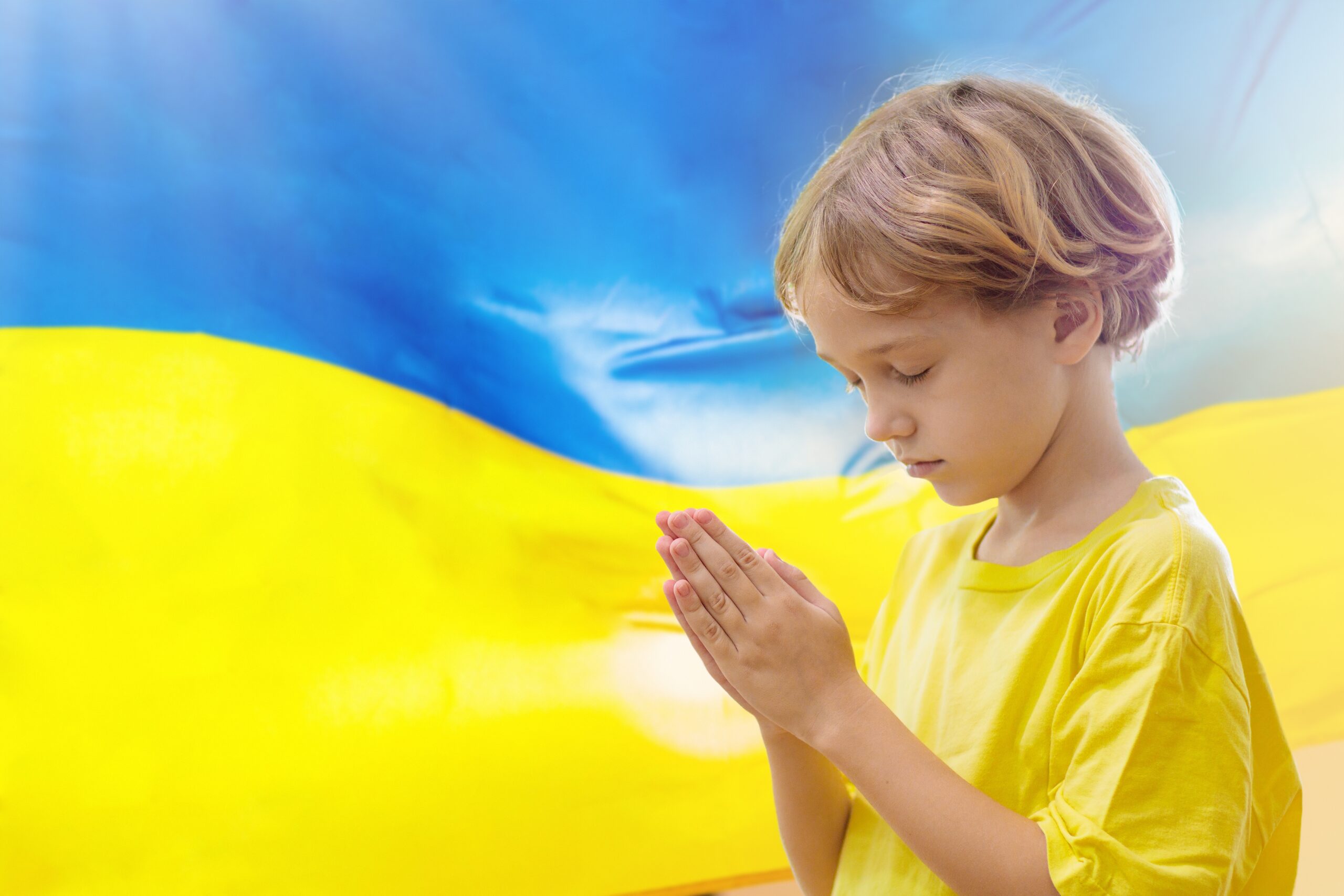 Pray,For,Ukraine.,Child,With,Ukrainian,Flag.,Little,Blond,Boy